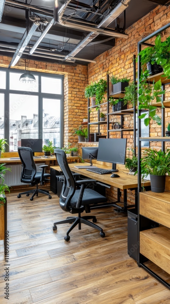Modern Industrial Office Interior with Brick Walls and Abundant Greenery. Modern Industrial Office Interior with Brick Walls and Abundant Greenery.