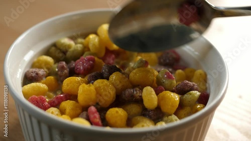 scooping colorful fruity cereal with a spoon from a bowl full of milk