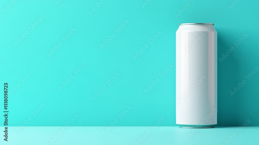 White Aluminum Can Mockup on Turquoise Background, Perfect for Energy Drink Branding Displays White Aluminum Can Mockup on Turquoise Background, Perfect for Energy Drink Branding Displays