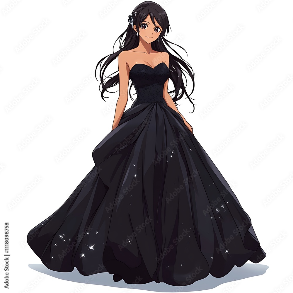 Anime Girl in Black Dress with Long Dark Hair on White Background Anime Girl in Black Dress with Long Dark Hair on White Background