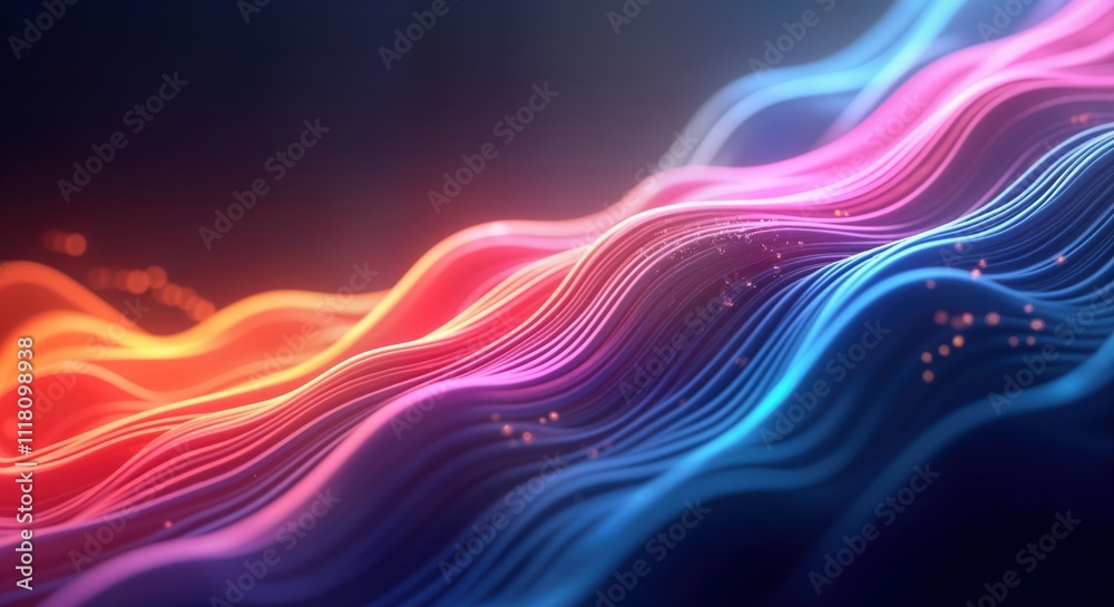 Fototapeta premium Abstract colorful wavy lines create dynamic 3d effect. Vibrant hues blend seamlessly. Modern design evokes futuristic tech vibe. Abstract shapes, colors ideal for background designs. Dynamic visual