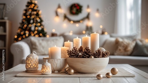 White wooden table adorned with festive Christmas decorations and a blurred cozy living room backdrop, High Resolution