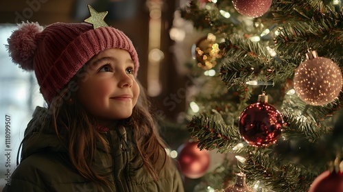 Photo of girl in front of Christmas tree