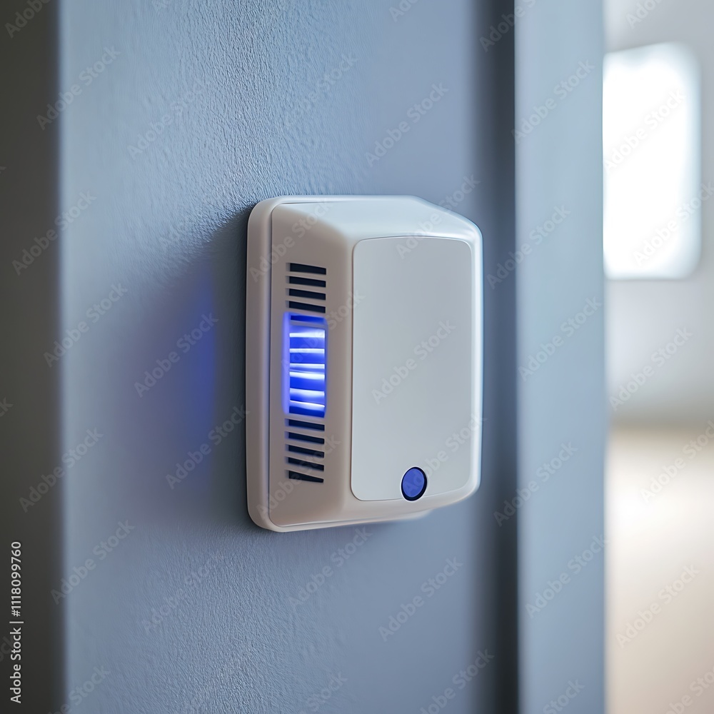 Wall-mounted air purifier with blue light indicator. Wall-mounted air purifier with blue light indicator.