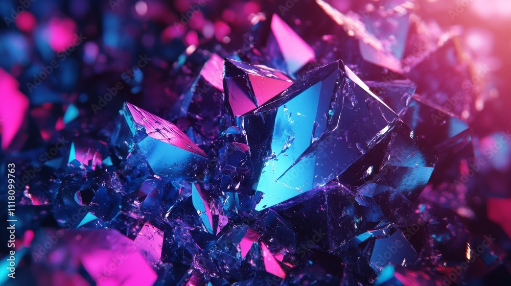 Neon Crystal Cluster 3D Render, Pink and Blue, Geometric Abstract, Crystal Structure Crystal, 3D rendering Neon Crystal Cluster 3D Render, Pink and Blue, Geometric Abstract, Crystal Structure Crystal, 3D rendering