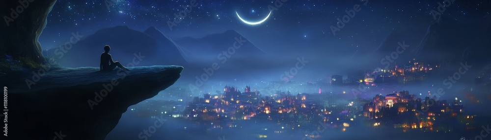 Naklejka premium Night Cityscape Solitary Figure on Cliff, Crescent Moon, Digital Painting, Fantasy Art, Night Scene Fantasy Art, Digital Painting