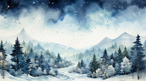 A watercolor painting of snow and trees at winter season