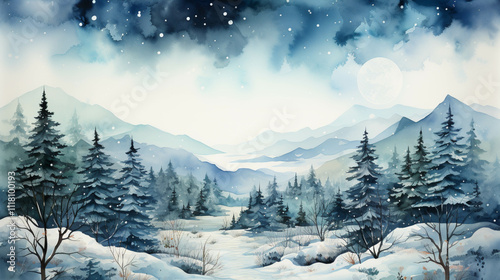 A watercolor painting of snow and trees at winter season