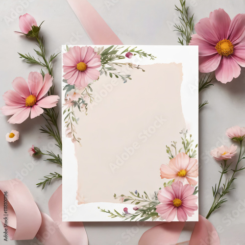 Elegant blank wedding card with floral accents.