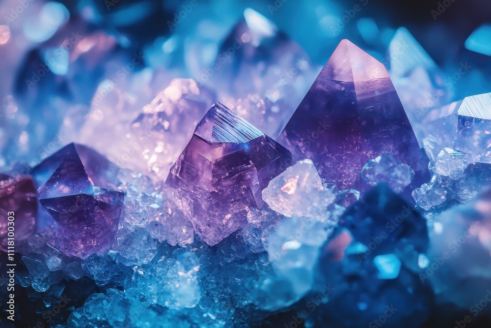 Sparkling crystals in shades of blue and purple with light shining off them Sparkling crystals in shades of blue and purple with light shining off them