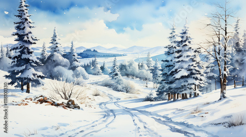 A watercolor painting of snow and trees at winter season