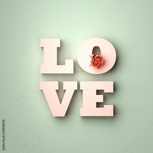Love letters and rose flowers on green pastel background. Valentines day concept. 3d render