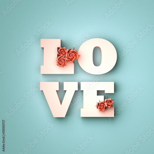 Love letters and rose flowers on blue pastel background. Valentines day concept. 3d render