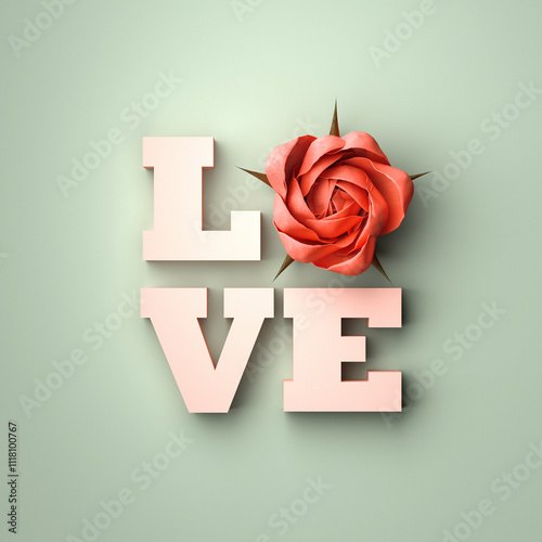 Love letters and rose flowers on green pastel background. Valentines day concept. 3d render