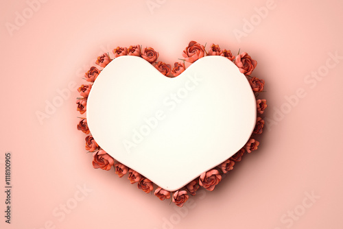 Paper heart decorated pink rose flowers over pink pastel background. Valentines day concept. 3d render