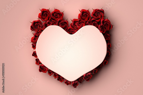 Paper heart decorated red rose flowers over pink pastel background. Valentines day concept. 3d render