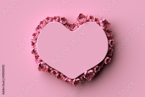 Paper heart decorated pink rose flowers over pink pastel background. Valentines day concept. 3d render