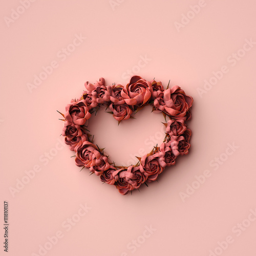 Floral garland made from pink rose flowers on pink pastel background. Valentines day concept. 3d render