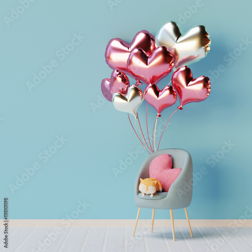 Pink heart shaped balloons hanging above light chair with red cat  blue pastel background. Valentines day concept. 3d render