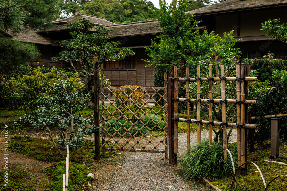 A Beautiful and Tranquil Garden Entrance Featuring a Serene Bamboo Gate and Lush Foliage A Beautiful and Tranquil Garden Entrance Featuring a Serene Bamboo Gate and Lush Foliage