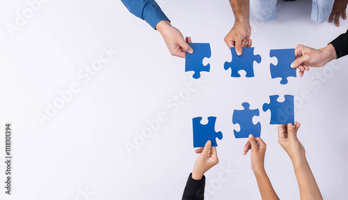 Top view panorama banner of business team joining jigsaw puzzle together over meeting table symbolize business partnership and collective unity teamwork in problem solving solution. Prudent