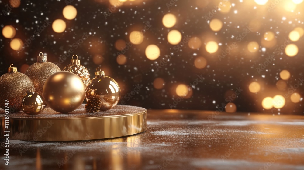 Golden Christmas Ornaments on a Gold Platform with Snowflakes and Bokeh Lights in the Background Golden Christmas Ornaments on a Gold Platform with Snowflakes and Bokeh Lights in the Background