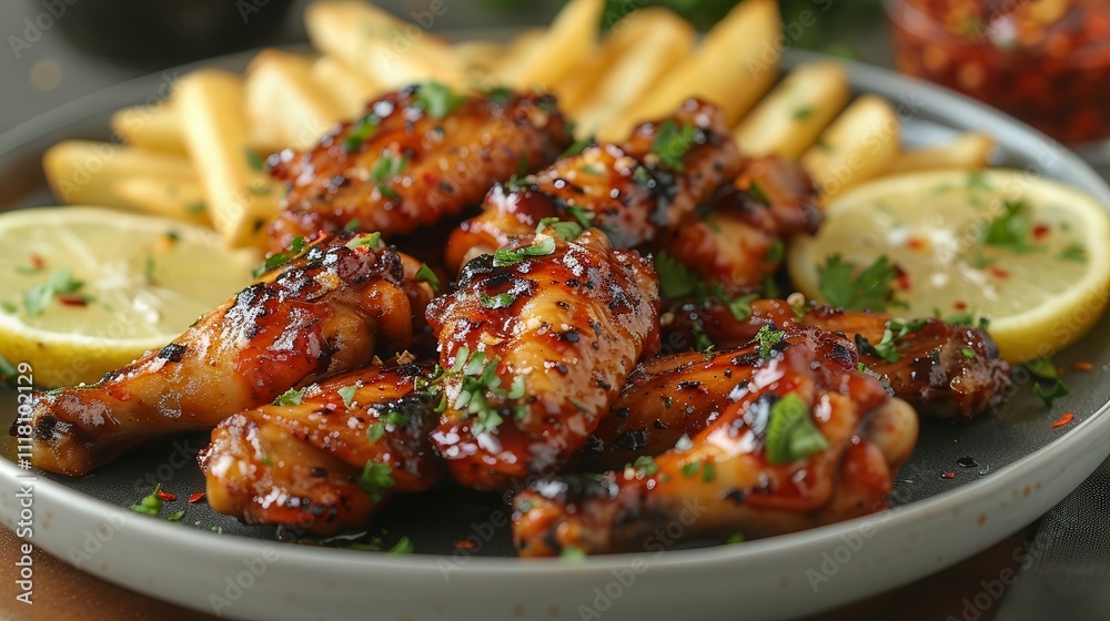 Juicy grilled wings served with crispy fries and zesty lemon slices for a flavorful feast. Generative AI Juicy grilled wings served with crispy fries and zesty lemon slices for a flavorful feast. Generative AI