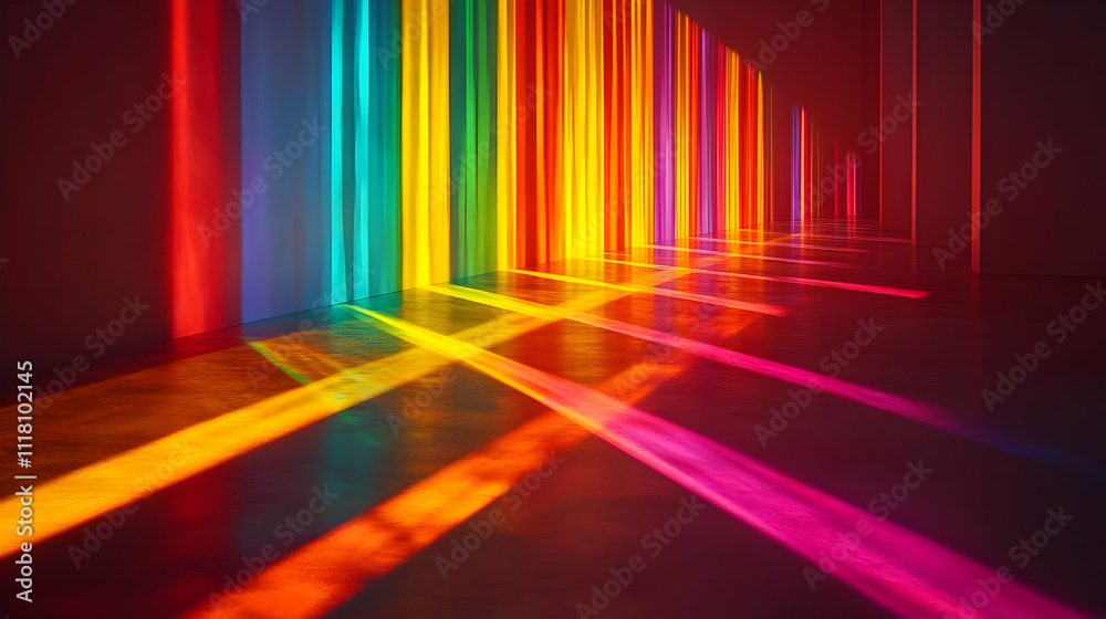 Glossy abstract light beams through a prism creating a spectrum symbolizing enlightenment and epiphany with copy space concept as A glossy background featuring light beams passing through a prism crea Glossy abstract light beams through a prism creating a spectrum symbolizing enlightenment and epiphany with copy space concept as A glossy background featuring light beams passing through a prism crea