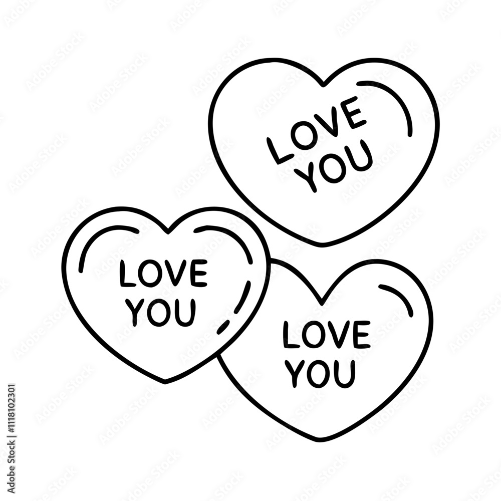 candy hearts with messages icon, valentines day illustration, valentine icon - simple black line art of candy hearts with messages, symbolizing valentines day celebrations. valentine vector.