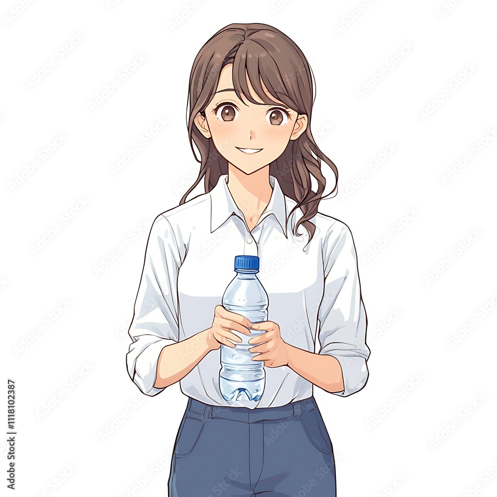 Anime-style employee with a water bottle on a white background Anime-style employee with a water bottle on a white background