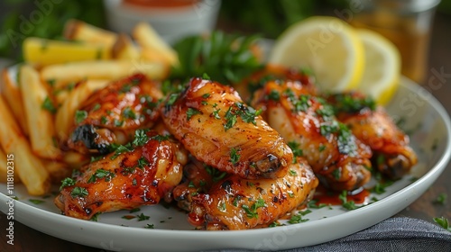 Savory grilled chicken wings glistening with sauce, served with crispy fries and fresh lemon slices. Generative AI