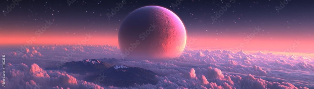 Pink Planet Above Cloud Mountains Digital Art, Fantasy Landscape, Celestial Sphere Space art, digital painting