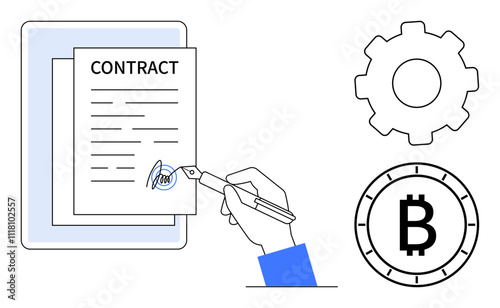 Hand signing a contract with a pen, accompanied by a gear icon and Bitcoin symbol. Ideal for blockchain, smart contracts, technology, business, cryptocurrency, fintech, and digital agreements. Line