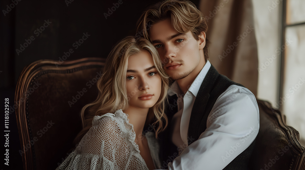 Happy couple in love. Stunning portrait of young stylish fashion couple indoors Happy couple in love. Stunning portrait of young stylish fashion couple indoors