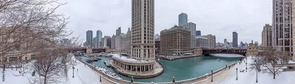 Obraz premium A snowy urban landscape featuring a river, buildings, and a wintery atmosphere.