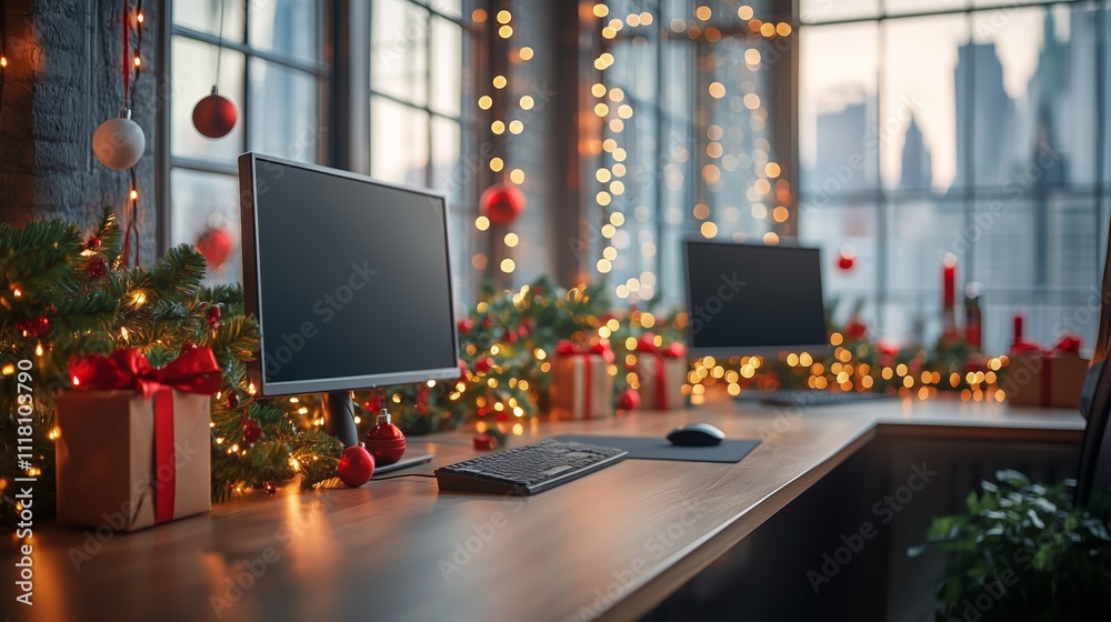 office scene with Christmas decorations with festive garlands and a tall Christmas tree by large windows, overlooking an urban cityscape, creating a professional holiday mood office scene with Christmas decorations with festive garlands and a tall Christmas tree by large windows, overlooking an urban cityscape, creating a professional holiday mood