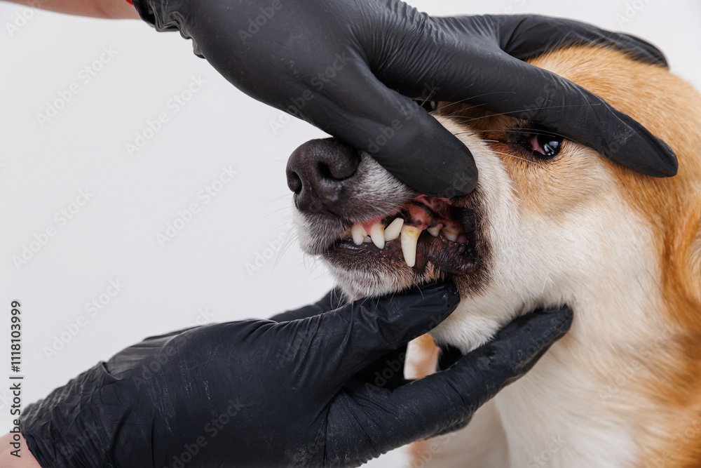 Veterinarian examining a dog's teeth and mouth during a health checkup Veterinarian examining a dog's teeth and mouth during a health checkup