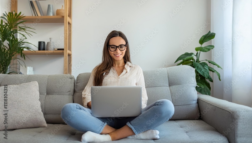 Happy young woman working on laptop sitting on sofa in living room at home