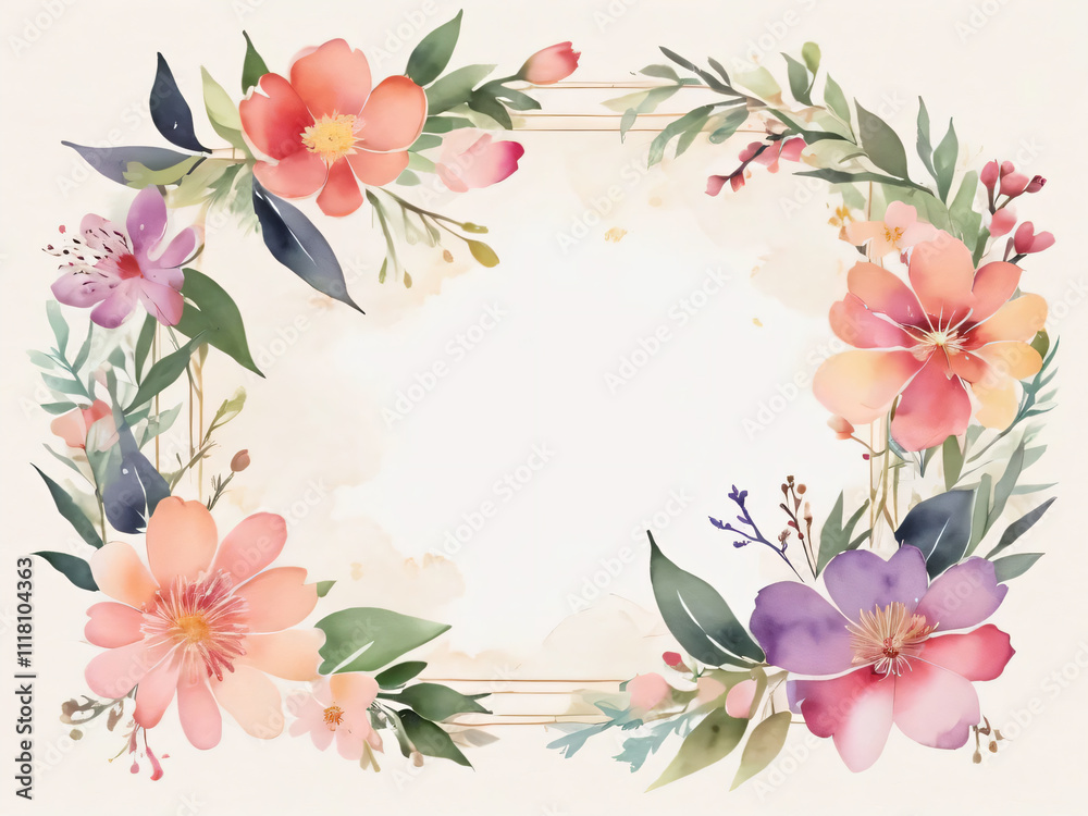 Fototapeta premium Wedding invitation featuring soft watercolor flower border.