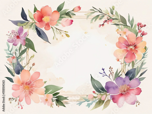 Wedding invitation featuring soft watercolor flower border.