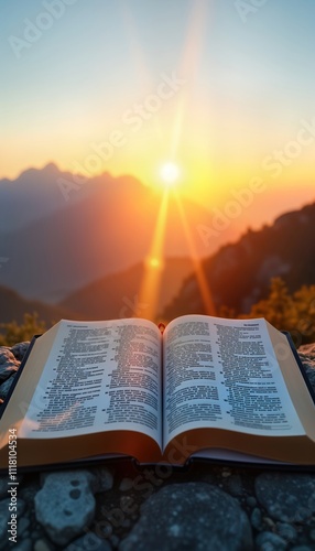 Open bible on rocks with mountain sunrise in background. New beginnings concept. Inspiration, hope from morning light. Spiritual, nature combined. Focus on peace, solace. Book open for study. Serene,