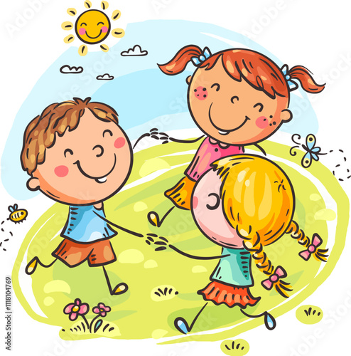 Cute little children dancing circle. Cartoon kids holding hands dancing outdoors, flat vector illustration