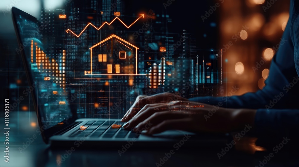 Person uses laptop showing real estate market growth. Financial data, graphs visualized on screen show upward trend. Modern tech for property investment. Passive income opportunities. Investment in Person uses laptop showing real estate market growth. Financial data, graphs visualized on screen show upward trend. Modern tech for property investment. Passive income opportunities. Investment in