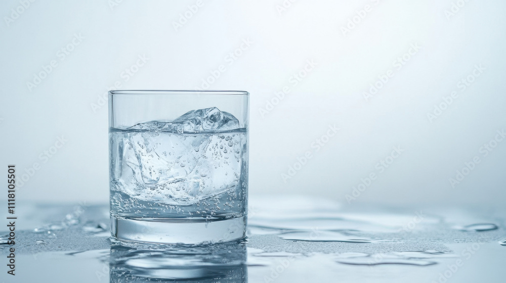 A clear glass of sparkling water with ice sits on a wet surface, creating a refreshing and clean atmosphere with a light blue background. A clear glass of sparkling water with ice sits on a wet surface, creating a refreshing and clean atmosphere with a light blue background.