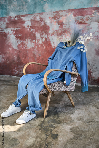 Fotografie Blue Jumpsuit Draped on Vintage Armchair