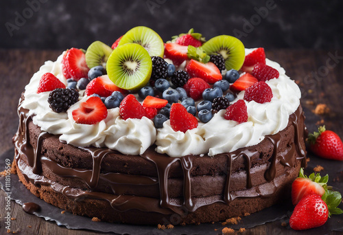 Decadent chocolate cake topped with a variety of fresh fruits and whipped cream. photo