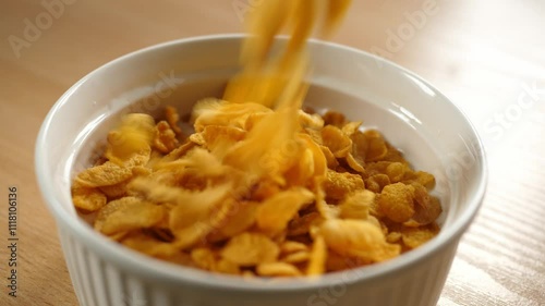 slow motion pouring cornflakes cereals into a white bowl full of milk