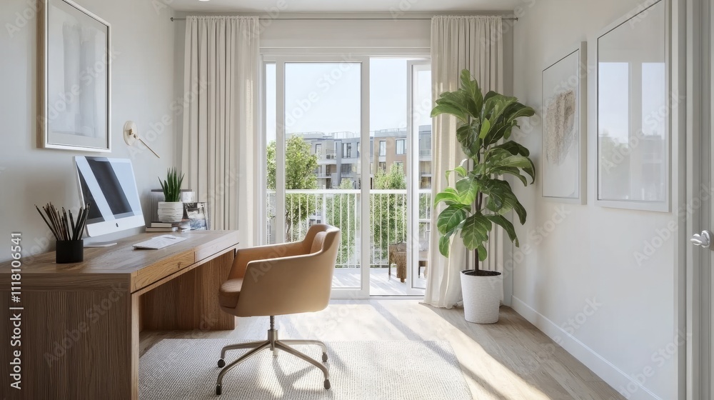 Fototapeta premium Bright and airy home office with a light wood desk, ergonomic chair, and soft natural lighting creating an inspiring workspace