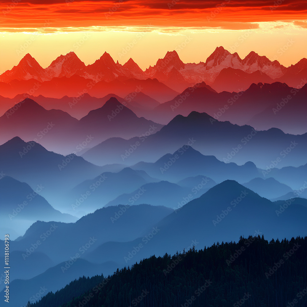 Stunning sunset views over the layered mountains Stunning sunset views over the layered mountains