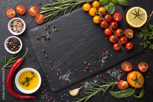 Colorful Fresh Ingredients On Slate Board With Herbs and Vegetables
